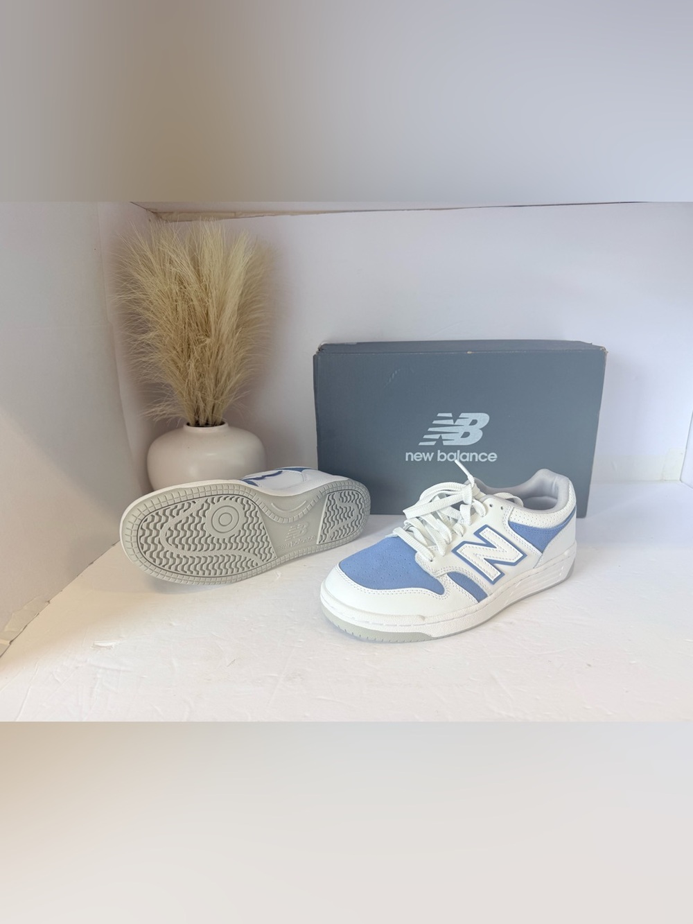 29. New Balance Kids' White and Light Blue Casual Sneakers 7youth or 8.5 women